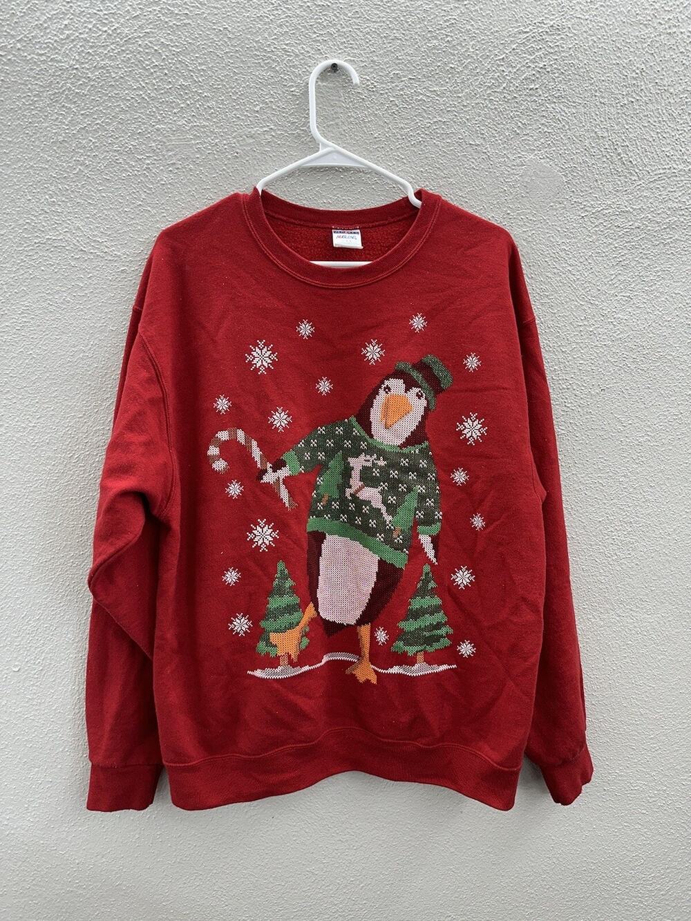 Jerzees Nublend Brand Sweatshirt Size Large Christmas Penguin Holiday Red